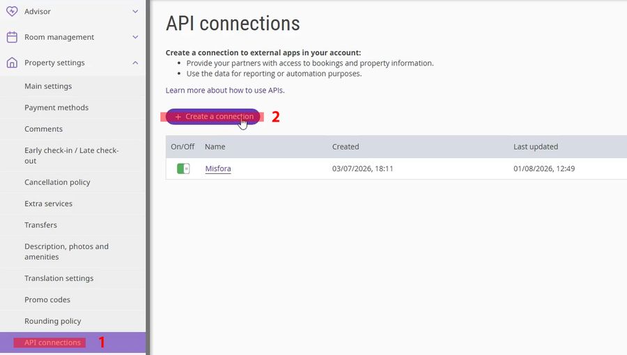 Exely API connections page with the “Create a connection” button highlighted