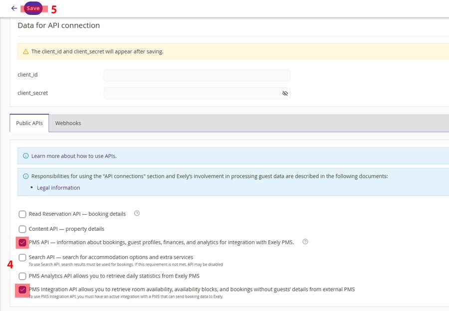Exely “Data for API connection” page with PMS API and PMS Integration API checked, and the Save button highlighted