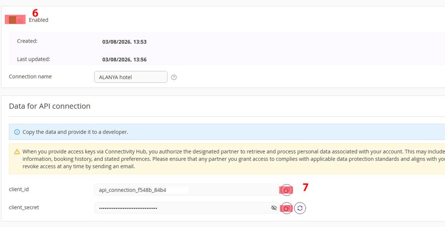 Exely connection page showing client_id and client_secret with copy buttons highlighted
