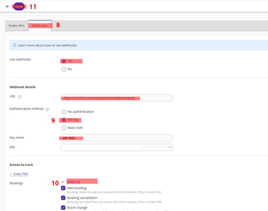 Exely webhook configuration with API Key authentication, all booking events selected, and Save highlighted