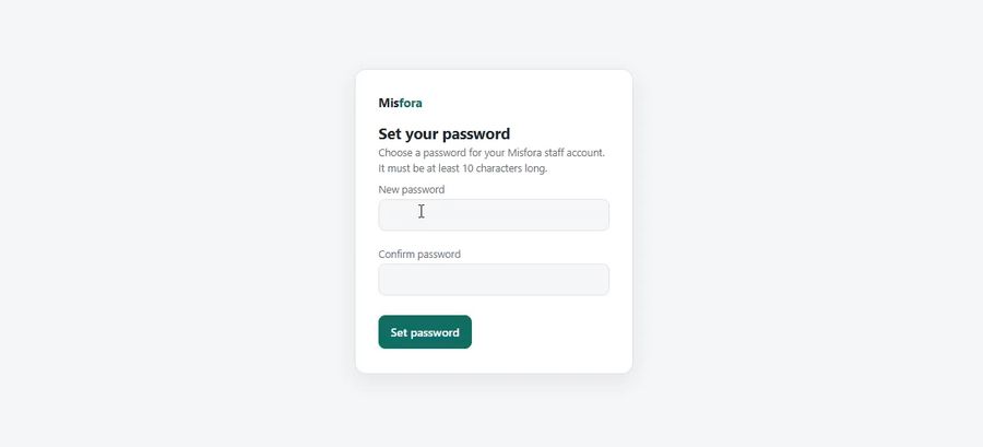Misfora staff sign-in / set password screen