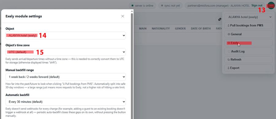Misfora Exely module settings: object, time zone, and automatic backfill
