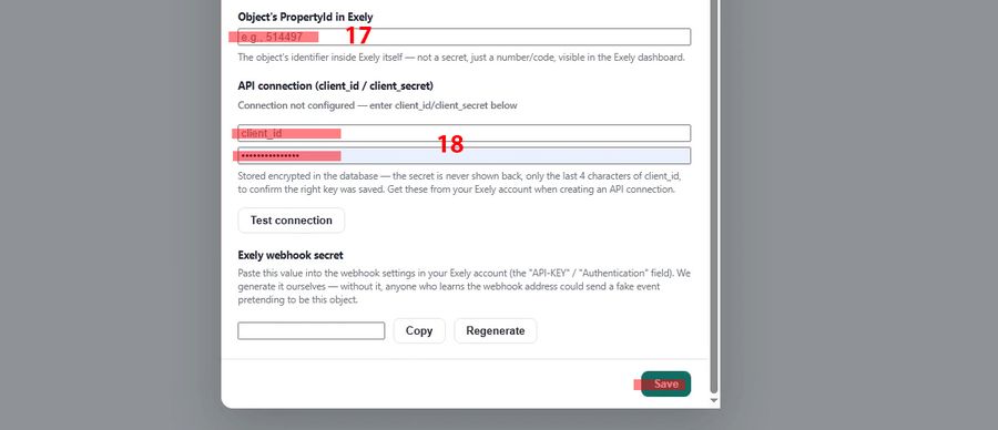 Misfora settings panel with Property ID and API connection fields for client_id and client_secret