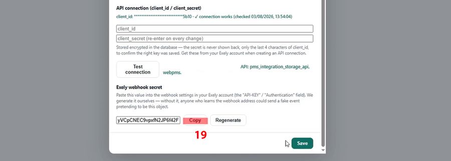 Misfora Exely webhook secret field with Copy button highlighted