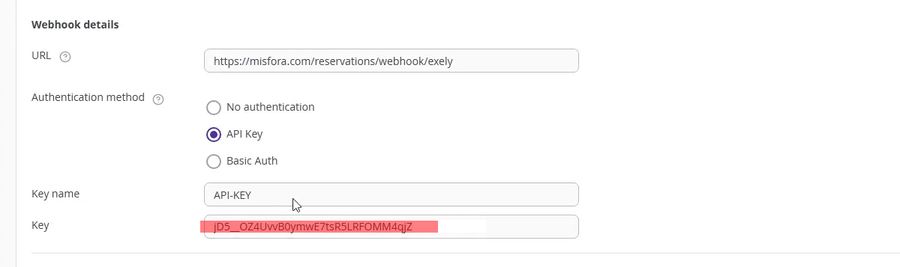Exely webhook Authentication method set to API Key, with the Misfora webhook secret pasted into the Key field