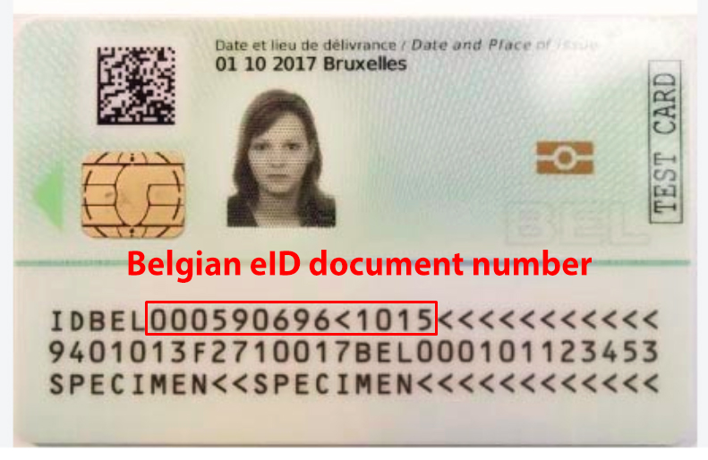 Belgian eID specimen card with the 12-digit document number field highlighted on the MRZ