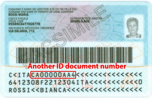Italian ID card specimen with its document number field highlighted, shown for comparison with the Belgian eID format