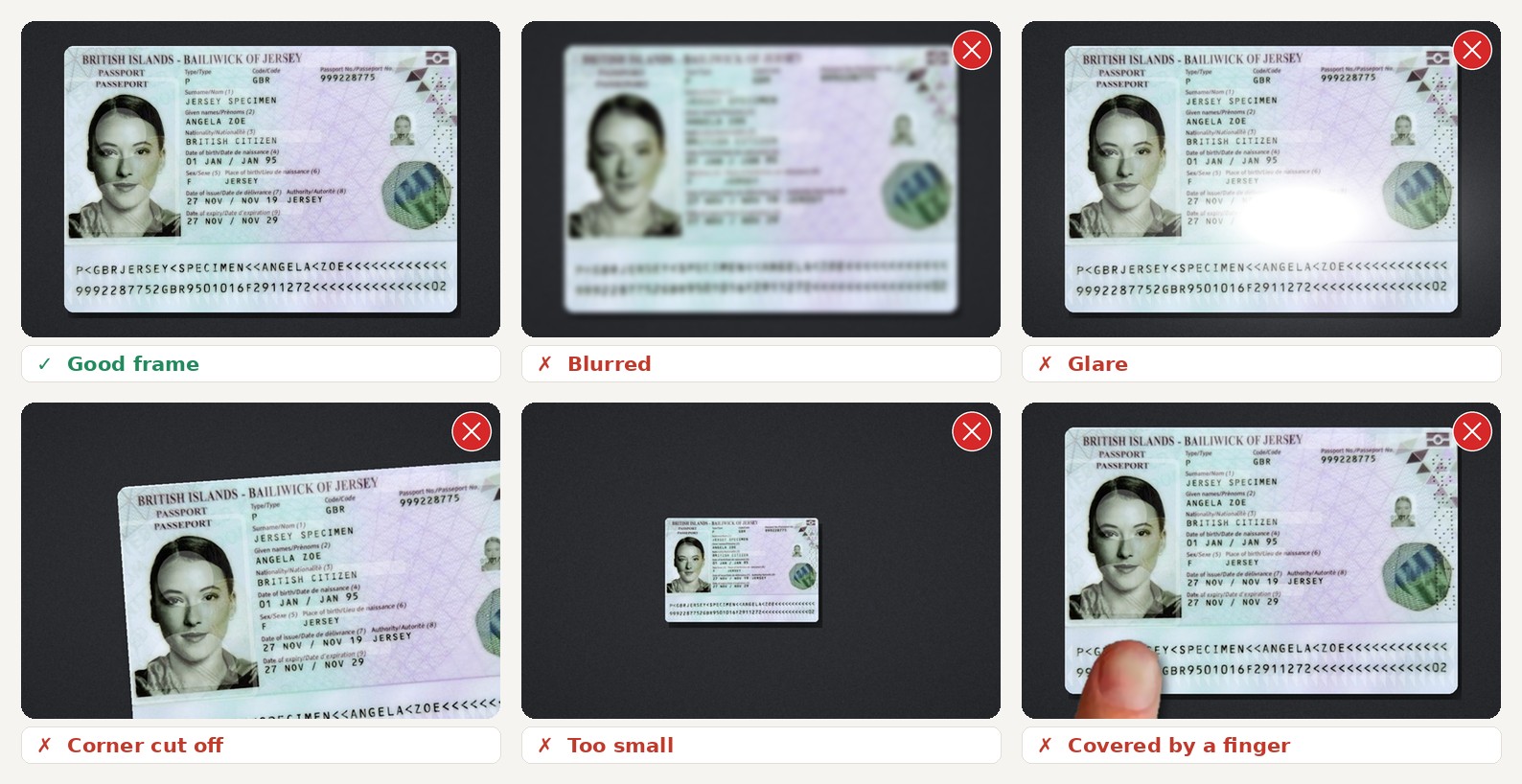 The same passport specimen captured well and with typical capture problems: a blurred image, glare over the text, a cut-off corner, a document that is too small in the frame and a finger covering the MRZ