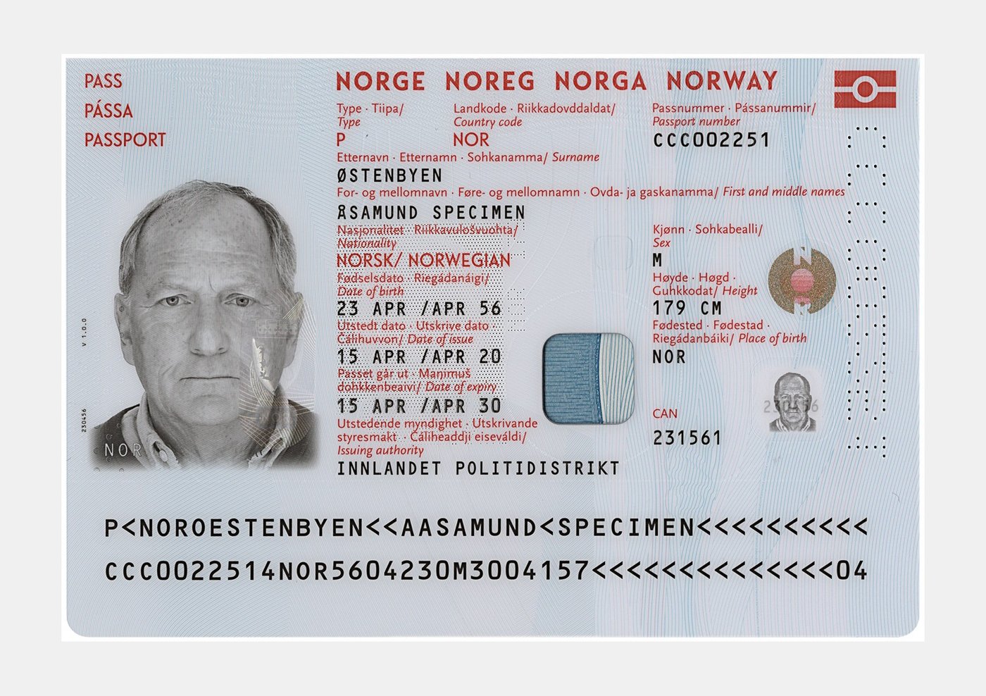 Norwegian specimen passport used as the source image for the blur test
