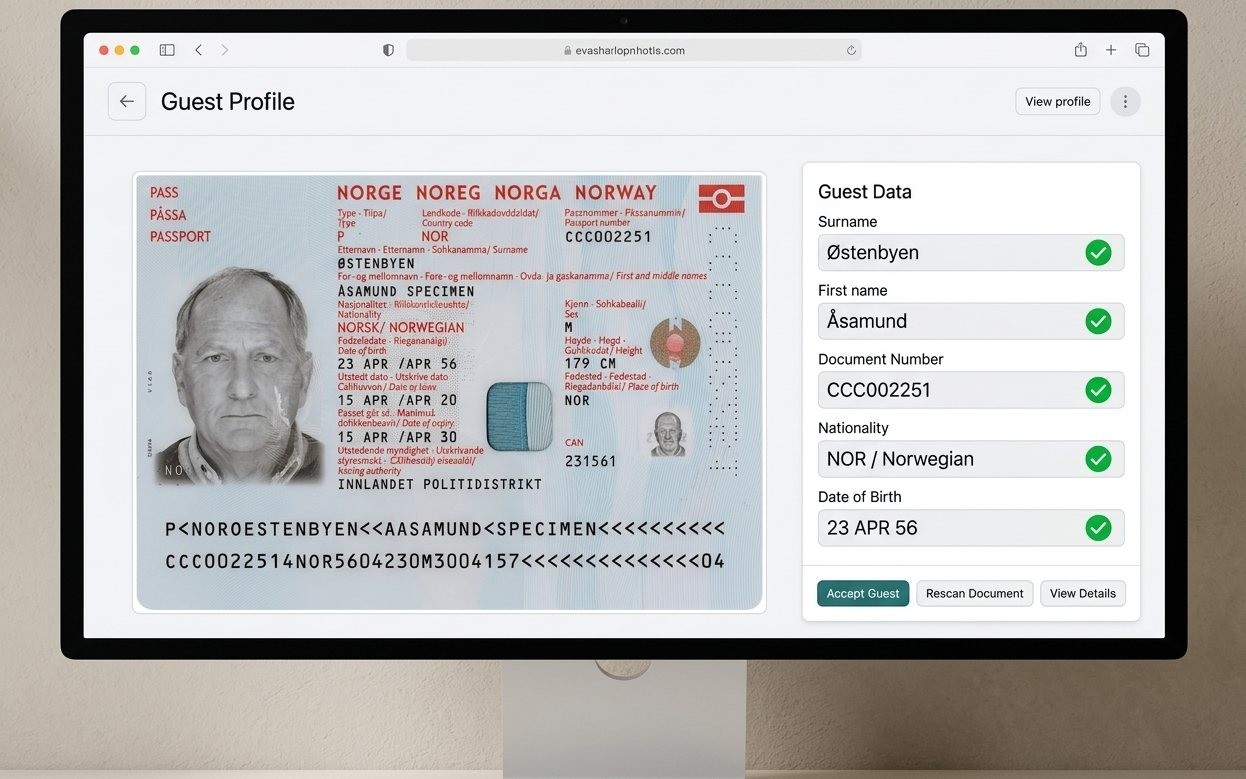 Guest profile page in a hotel web app: the captured passport image next to surname, first name, document number, nationality and date of birth, each with a passed validation check
