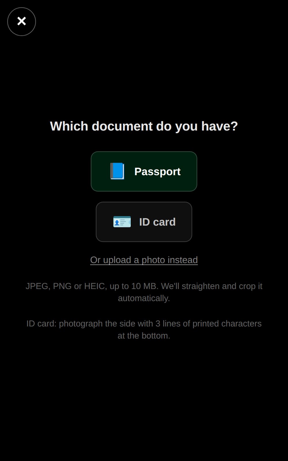 Choosing passport or ID card in the Misfora Web Scanner SDK