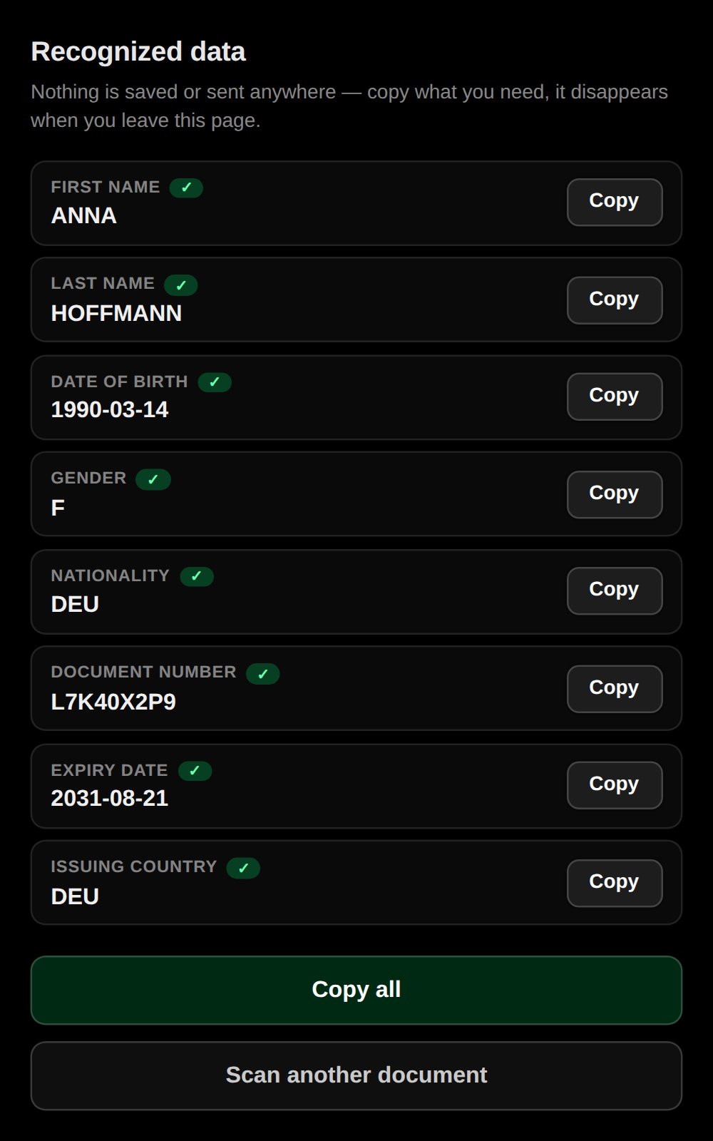 Recognized ID card data with per-field validation checks