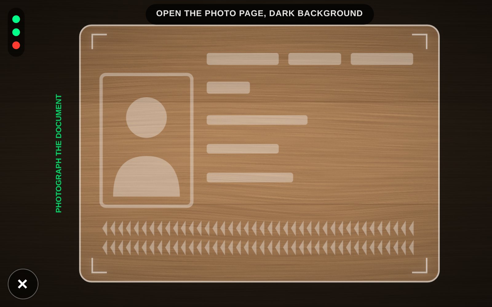 Passport guide frame with a hint to open the photo page on a dark background